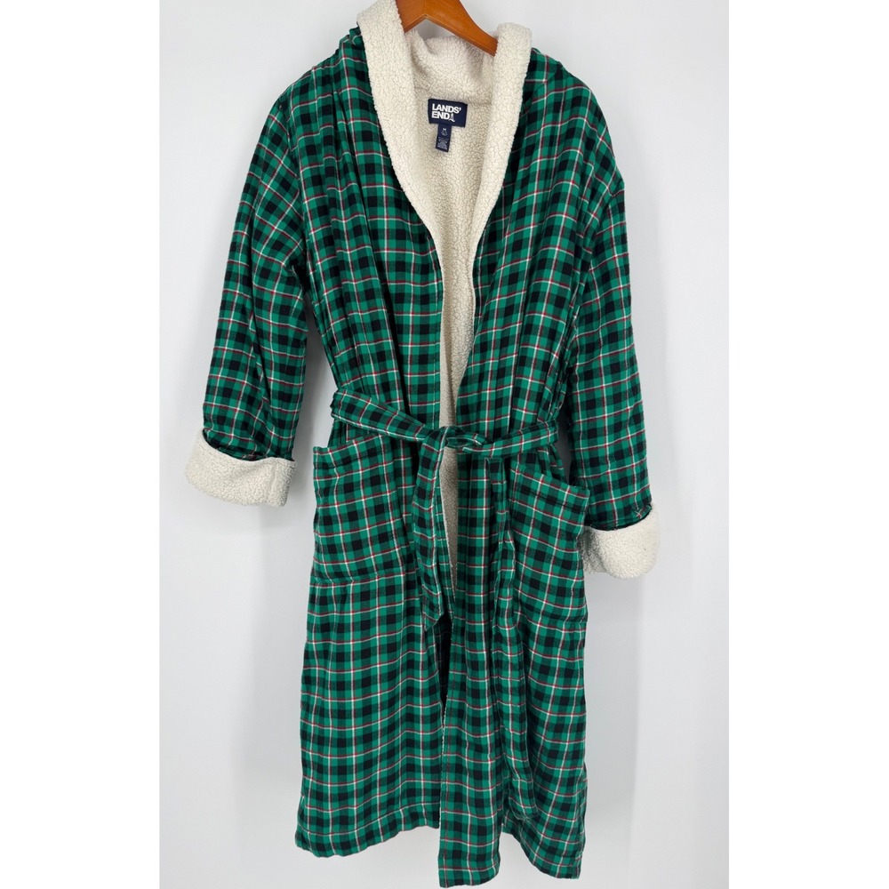 Lands' End Womens Robe Medium Plaid Sherpa Lined Cozy Loungewear Cabincore